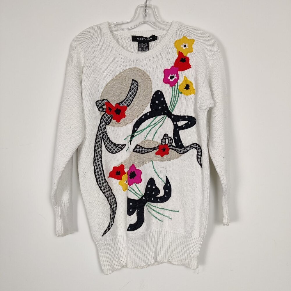 I. B. Diffusion Women's Sweater Size P White Cotton Colorful Patchwork Vintage